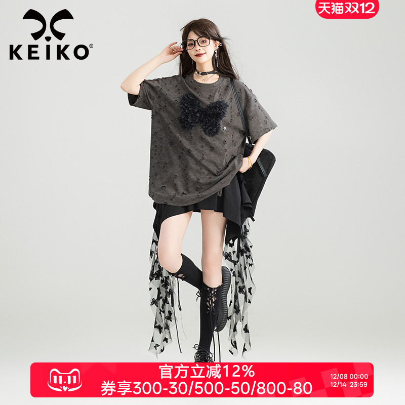 KEIKO复古蝴蝶花破洞短袖T恤