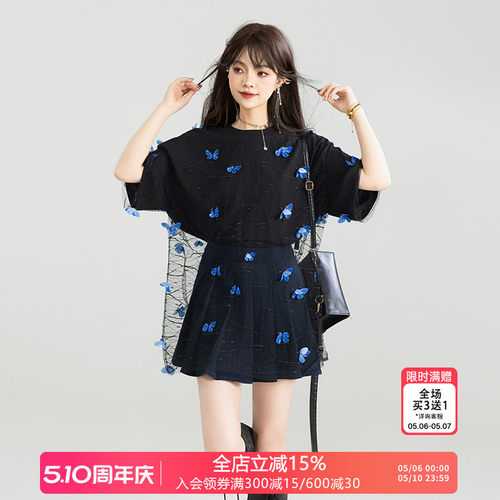 KEIKO仙灵蝴蝶花薄纱拼接T恤