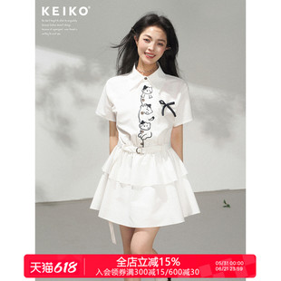 KEIKO 设计感小猫刺绣门襟白色衬衫连衣裙夏季智性甜美风小白短裙