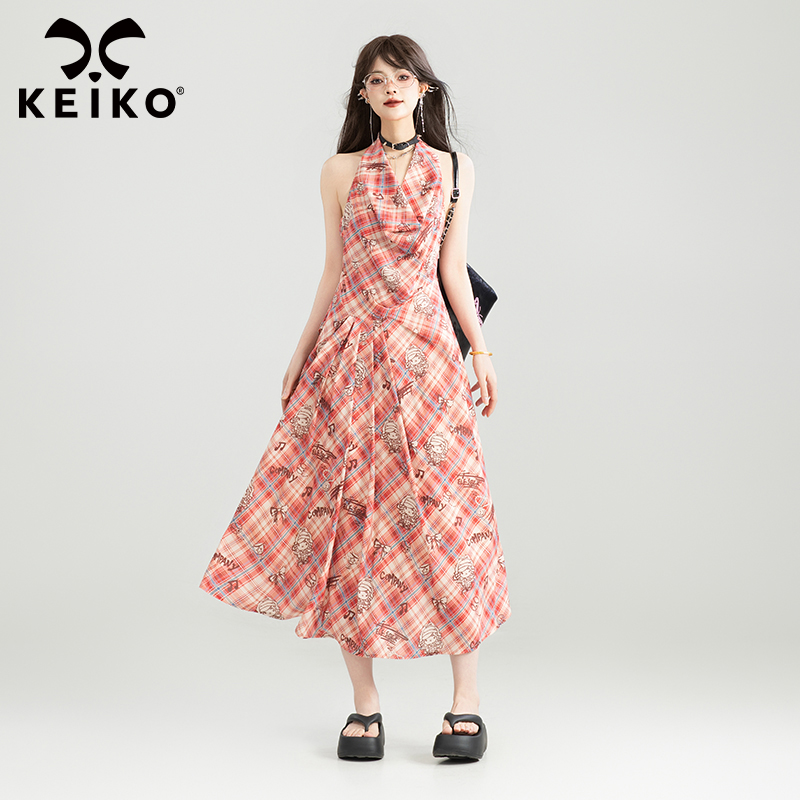 KEIKO美式格子挂脖荡领连衣裙