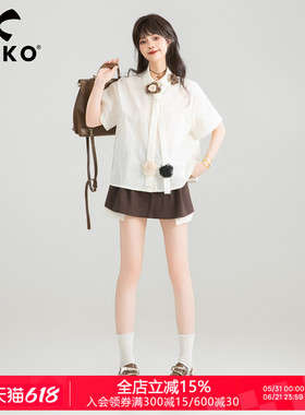 KEIKO 小清新系带扎花白色短袖衬衫夏季通勤穿搭茶里茶气别致上衣
