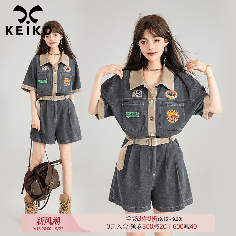 KEIKO 美式工装牛仔裤连体裤夏季复古薄款收腰显高显瘦连身衣短裤										