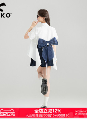 KEIKO 少年感蝴蝶结扎花白色衬衫女夏季洋气减龄绣标短袖上衣