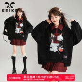 洋气减龄宽松休闲外套上衣 复古黑色polo领卫衣女26春季 KEIKO 美式