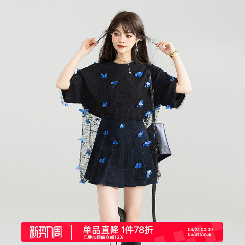 KEIKO 仙灵蝴蝶花薄纱拼接T恤女酷感慵懒宽松显瘦黑色短袖上衣