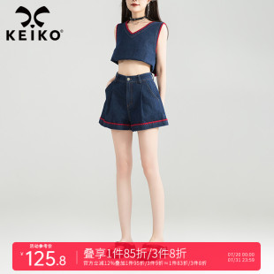 高腰a字显瘦热裤 KEIKO 复古美式 女夏季 贝壳绣深蓝色阔腿牛仔短裤