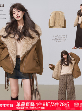 KEIKO[蓄热羊羔绒] 短款翻领派克服棉服女冬季巴恩风加厚皮草外套