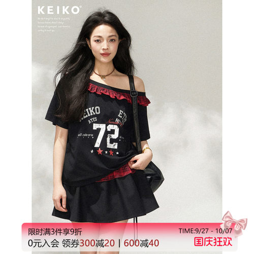 KEIKO美式辣妹穿搭斜肩t恤套装