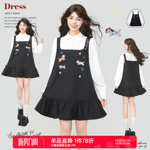 俏皮荷叶边宽松A字裙 领连衣裙春季 KEIKO 小狗印花假两件拼接衬衫