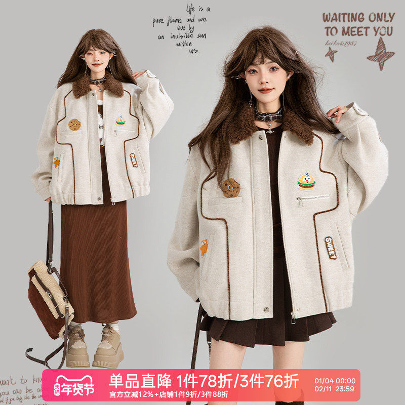 KEIKO [夹棉/保暖] 趣味绣标毛呢外套女秋冬日系短款夹克加厚棉袄