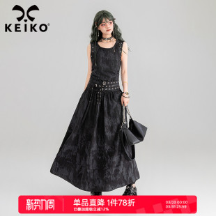 KEIKO酷飒新中式 铆钉饰系带显瘦大U领背心长裙 扎染黑色连衣裙夏季