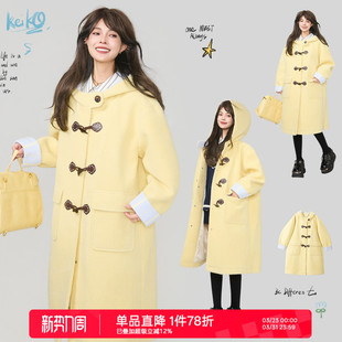 连帽外套 学院风宽松中长款 KEIKO 奶黄色牛角扣毛呢大衣女早春法式