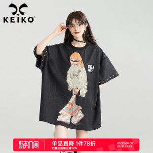 夏季 KEIKO t恤女中长款 复古印花短袖 y2k嘻哈铆钉饰宽松t恤裙 美式