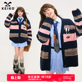 慵懒感粗针羊毛混纺毛衣外套 春季 KEIKO 韩系学院粉色条纹针织开衫