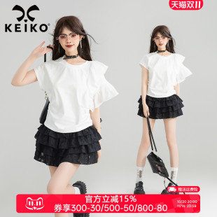 上衣 小众设计棉质圆领短袖 KEIKO不对称荷叶袖 拼接白色t恤女25夏季