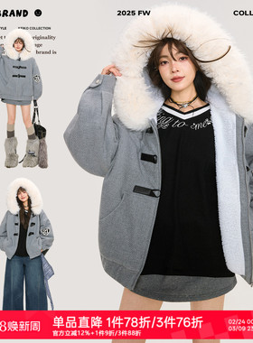 KEIKO [蓄热毛绒内里]大毛领灰色连帽棉服外套冬季美式复古小棉袄