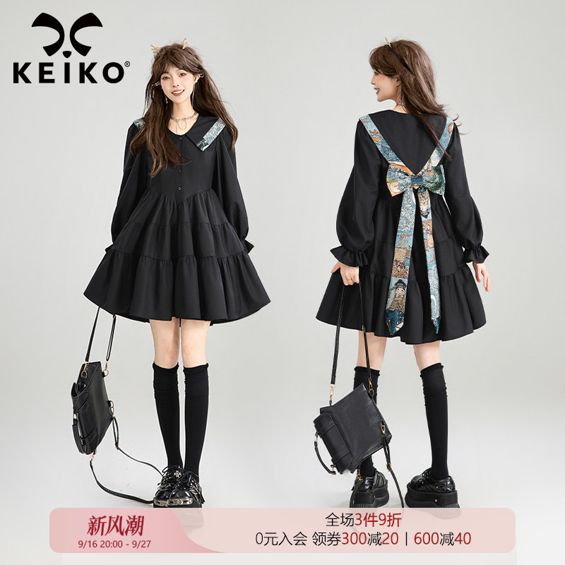 KEIKO蝴蝶结饰黑色蛋糕连衣裙图片