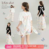 KEIKO 蝴蝶结飘带短袖 T恤女26春夏漂亮碎花拼接前短后长宽松上衣