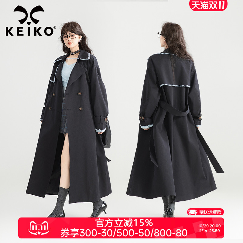 KEIKO法式高级感黑色长款风衣