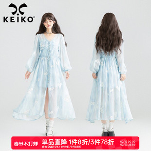 KEIKO [刺绣小碎花] 清雅蓝色雪纺连衣裙26春夏吊带裙两件套装裙