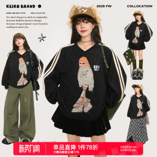 球衣风运动休闲宽松V领卫衣 高街撞色织带印花T恤26春季 KEIKO 美式
