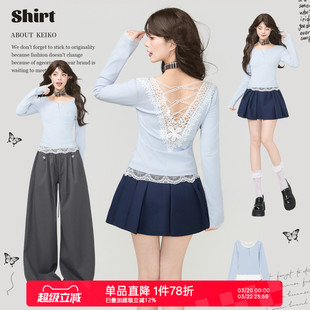 KEIKO 巴洛克蕾丝花边拼接修身t恤女2026春夏纯欲风U领露背上衣