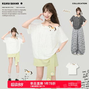 KEIKO 活力松驰感磨烂短袖t恤女夏季新轻盈凉感小马刺绣破洞上衣