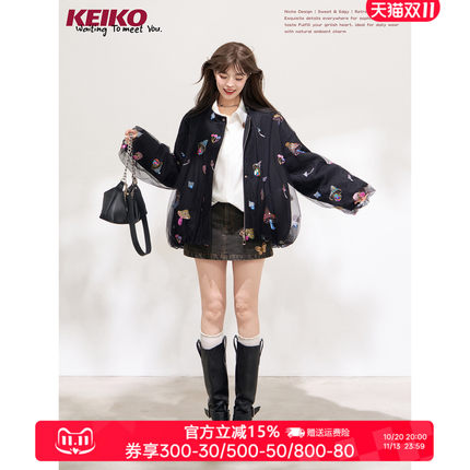 KEIKO 华丽珠片刺绣拼纱泡感花苞夹克秋季设计感黑色外套棒球服