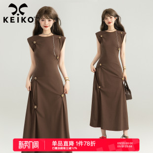 气质御姐收腰显瘦垫肩背心长裙 连衣裙夏季 KEIKO 复古花饰扭结无袖
