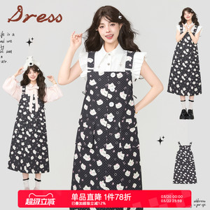 KEIKO 甜系小猫满印背带连衣裙春夏复古宽松减龄显瘦中长款吊带裙