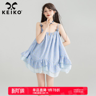 KEIKO 蓝色不规则荷叶边连衣裙夏日多巴胺彩点提花吊带背心短裙