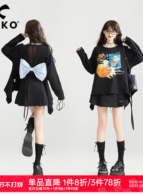 KEIKO 蝴蝶结girl 甜系黑色长袖t恤26春季元气少女感前长后短上衣