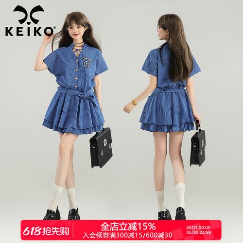 KEIKO美式学院风蓝格子连衣裙