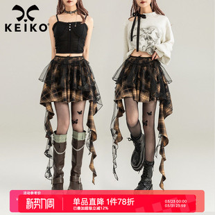 甜辣不规则显瘦百褶短裙 飘带饰格纹半身裙夏季 KEIKO 重工蝴蝶绣