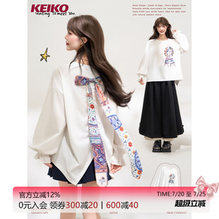 KEIKO 秋日氛围感飘带蝴蝶结长袖t恤秋季甜妹设计感宽松薄款卫衣