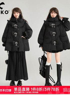 KEIKO [高克重229g白鸭绒]黑色斗篷型羽绒服冬季蝴蝶结饰加厚外套