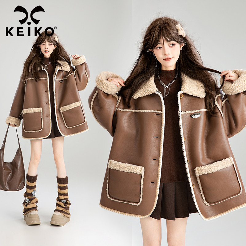 KEIKO [环保皮草] 羊羔毛一体皮衣外套女冬美拉德加绒棉服大衣,女装/女士精品,短外套,淘宝优惠券,粉丝福利购,淘宝优惠卷