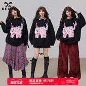 KEIKO 绒感萌猫提花黑色毛衣女2025秋冬慵懒高级感星河彩纱针织衫