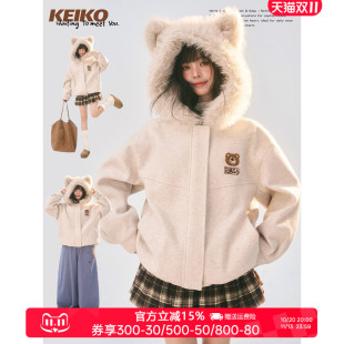 KEIKO [夹棉] 奶油系复古毛领连帽毛呢大衣冬季加厚保暖棉服外套