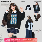 KEIKO 少女风蝴蝶结扎花黑色加绒卫衣女新款 涂鸦印花宽松圆领上衣