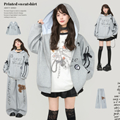 休闲卫裤 KEIKO 26春季 动感织带连帽外套 美式 轻亚风灰色卫衣套装