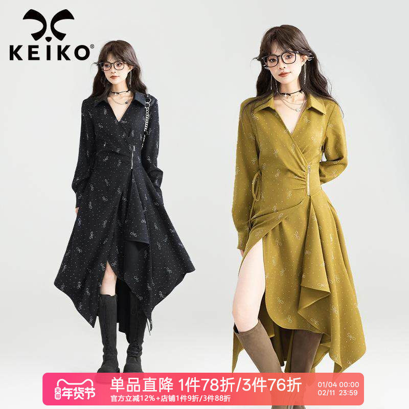 KEIKO[bling烫钻] 法式高级感不规则连衣裙秋季御姐风收腰V领裙子,女装/女士精品,连衣裙,淘宝优惠券,粉丝福利购,淘宝优惠卷