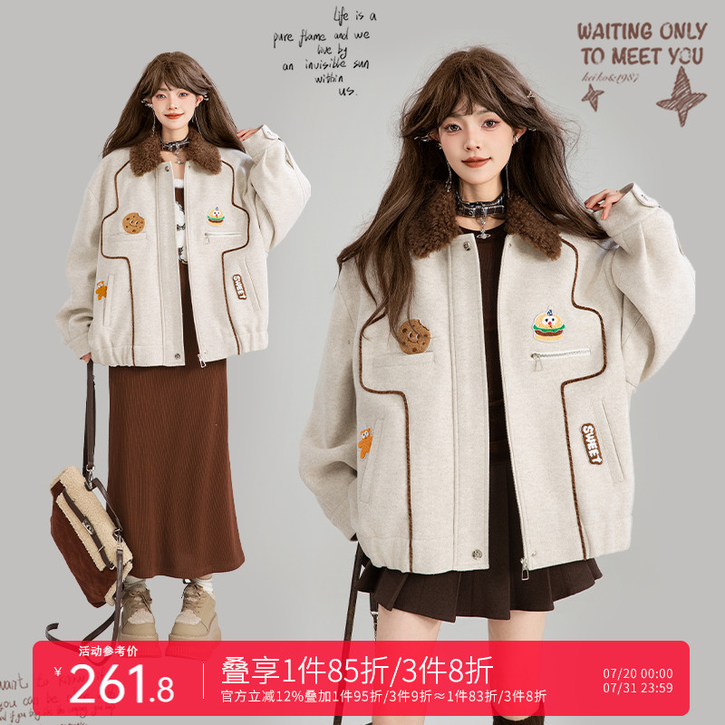 KEIKO [夹棉/保暖] 趣味绣标毛呢外套女秋冬日系短款夹克加厚棉袄