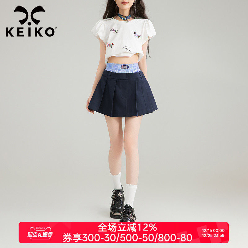 KEIKO拼色高腰百褶短裙半身裙