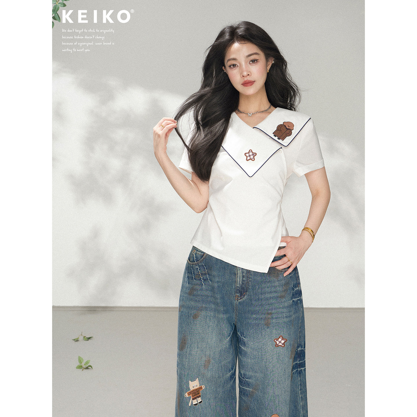 KEIKO不对称设计翻折领白色衬衫