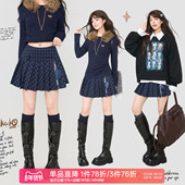 KEIKO 学院风藏青格纹百褶半身裙2026春季 软糯磨毛显瘦a字JK短裙