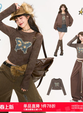 KEIKO 蝴蝶花贴布长袖t恤女26春季辣妹复古弹力修身显瘦打底上衣