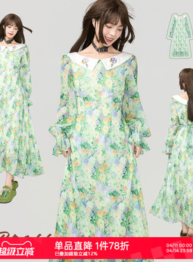 KEIKO 浅春系绿色泡泡袖碎花连衣裙春夏法式刺绣娃娃领雪纺长裙