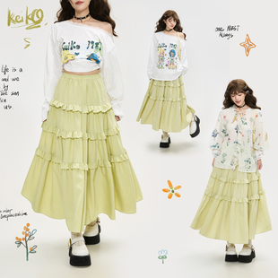 清新绿色木耳花边a字半身裙25新款 KEIKO 松紧高腰蓬蓬蛋糕裙子