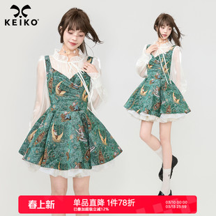 KEIKO 油画风轻纱泡泡袖提花碎花连衣裙26夏季法式宫廷蓬蓬公主裙